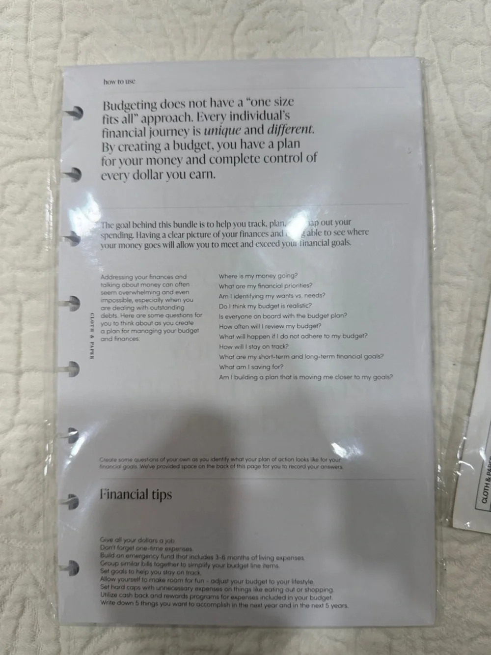 Cloth and Paper inserts